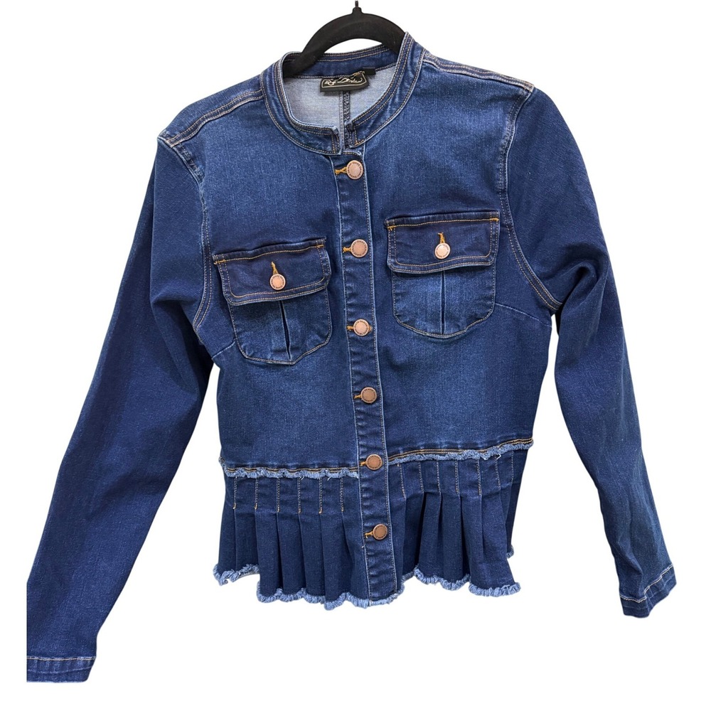 Diane Gilman Denim Jacket Women S Dark Blue Pleated Peplum Raw Hem DG2